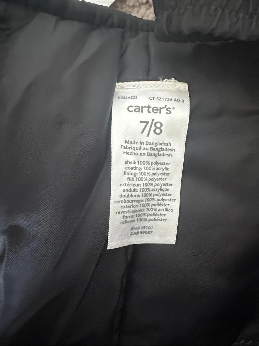 Carters Kids Black Insulated Snow Bib Pants 7/8